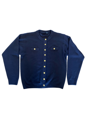 Vintage Jenny Buchanan Navy Knit Cardigan Sweater - Gold Buttons - Large